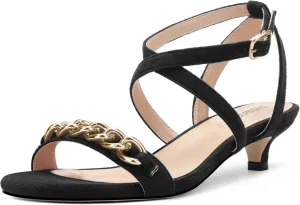 SHOWFOREST Womens Round Toe School Metal Chain Buckle Suede Cute Solid Adjustable Strap Kitten Low Heel Sandals 1.5 Inch