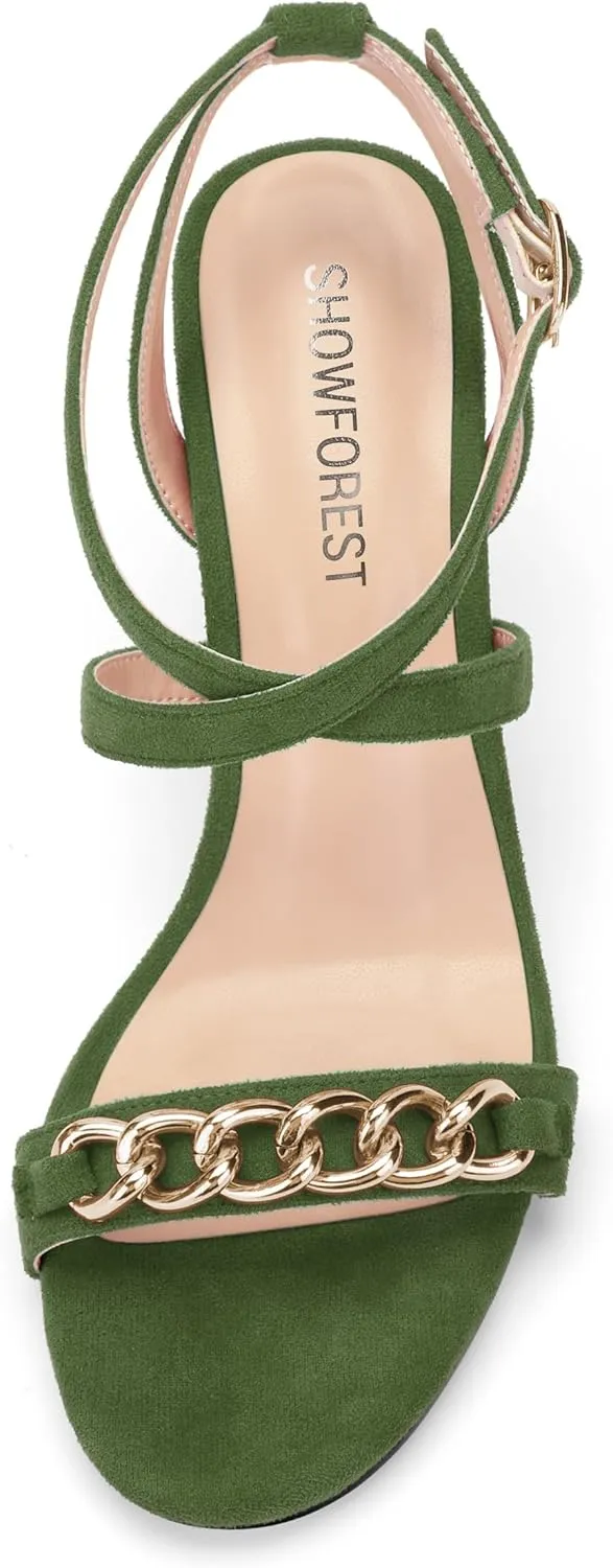 SHOWFOREST Womens Round Toe School Metal Chain Buckle Suede Cute Solid Adjustable Strap Kitten Low Heel Sandals 1.5 Inch