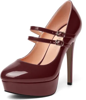 SHOWFOREST Womens Sexy Adjustable Strap Slip On Party Patent Round Toe Stiletto High Heel Pumps Shoes 5 Inch