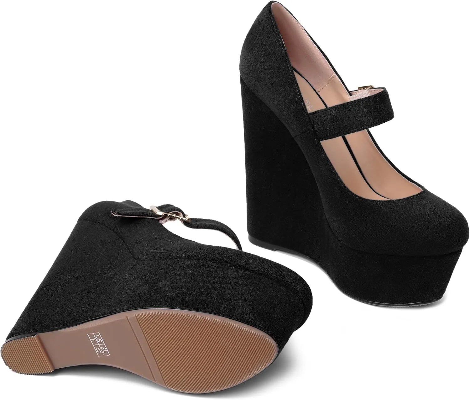 SHOWFOREST Womens Sexy Wedding Platform Suede Buckle Adjustable Strap Solid Round Toe Wedge High Heel Pumps Shoes 6 Inch