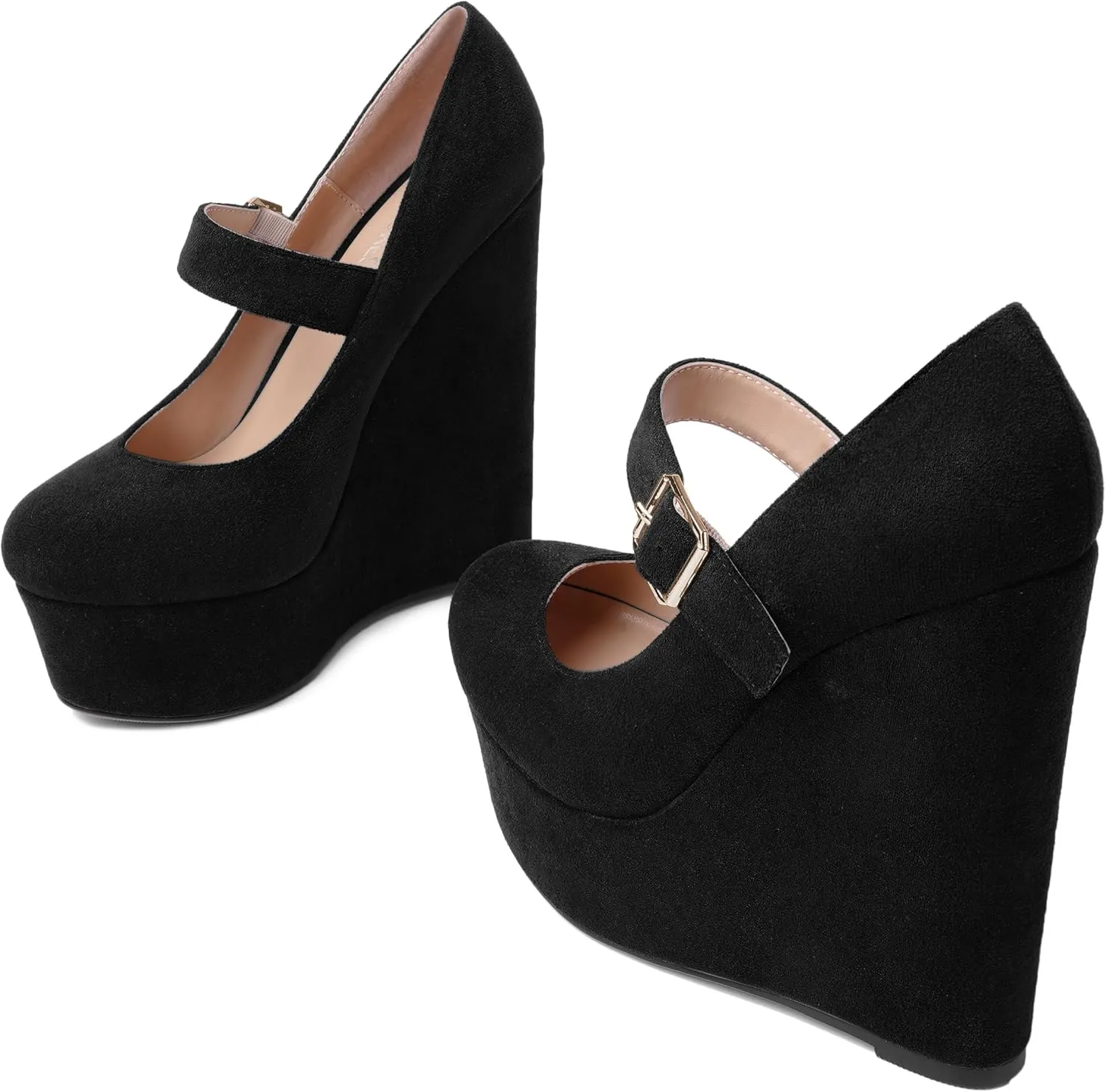 SHOWFOREST Womens Sexy Wedding Platform Suede Buckle Adjustable Strap Solid Round Toe Wedge High Heel Pumps Shoes 6 Inch