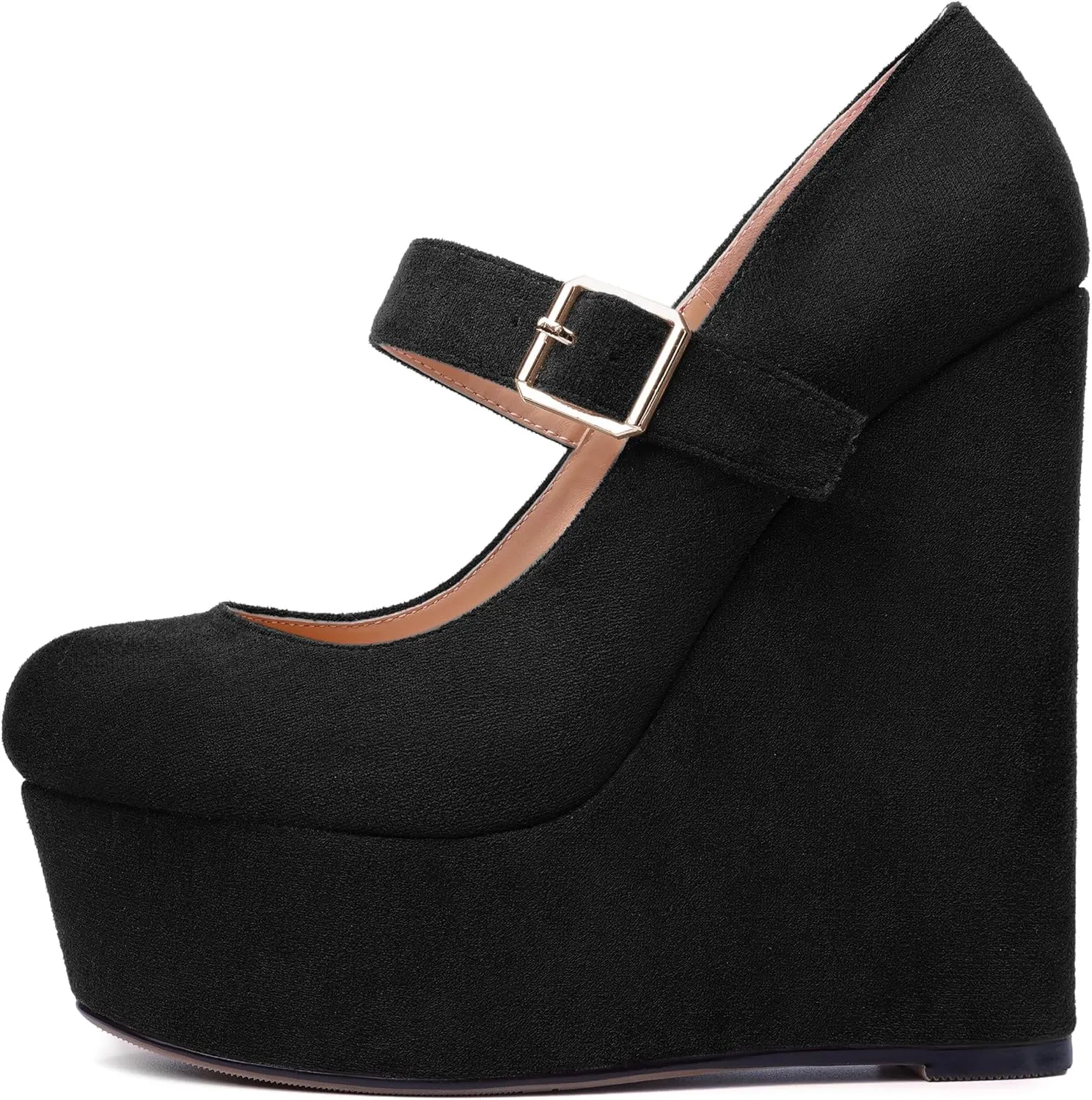 SHOWFOREST Womens Sexy Wedding Platform Suede Buckle Adjustable Strap Solid Round Toe Wedge High Heel Pumps Shoes 6 Inch