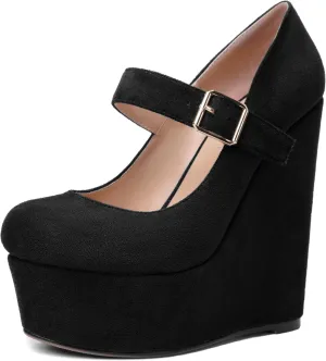 SHOWFOREST Womens Sexy Wedding Platform Suede Buckle Adjustable Strap Solid Round Toe Wedge High Heel Pumps Shoes 6 Inch
