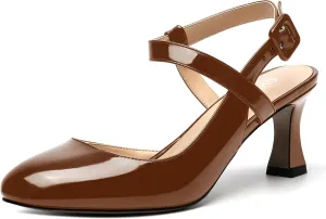 SKYSTERRY Womens Buckle Patent Wedding Ankle Strap Round Toe Casual Spool Mid Heel Pumps Shoes 2.5 Inch