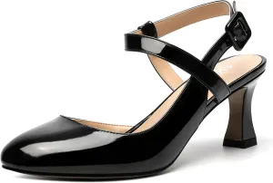 SKYSTERRY Womens Buckle Patent Wedding Ankle Strap Round Toe Casual Spool Mid Heel Pumps Shoes 2.5 Inch