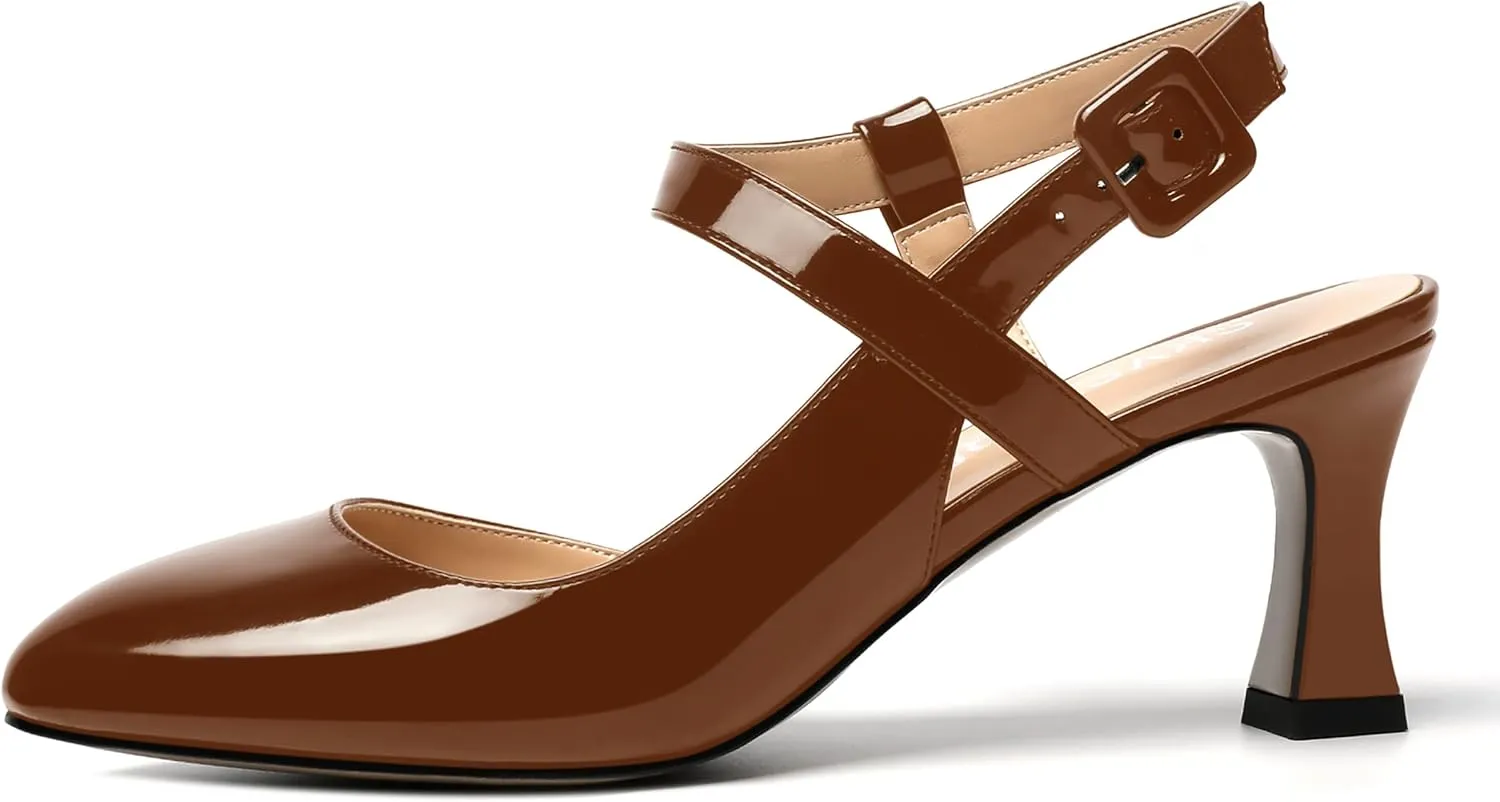 SKYSTERRY Womens Buckle Patent Wedding Ankle Strap Round Toe Casual Spool Mid Heel Pumps Shoes 2.5 Inch