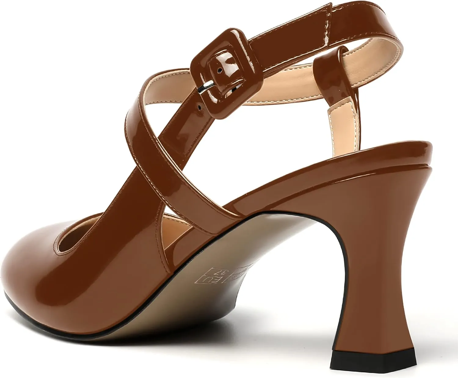 SKYSTERRY Womens Buckle Patent Wedding Ankle Strap Round Toe Casual Spool Mid Heel Pumps Shoes 2.5 Inch