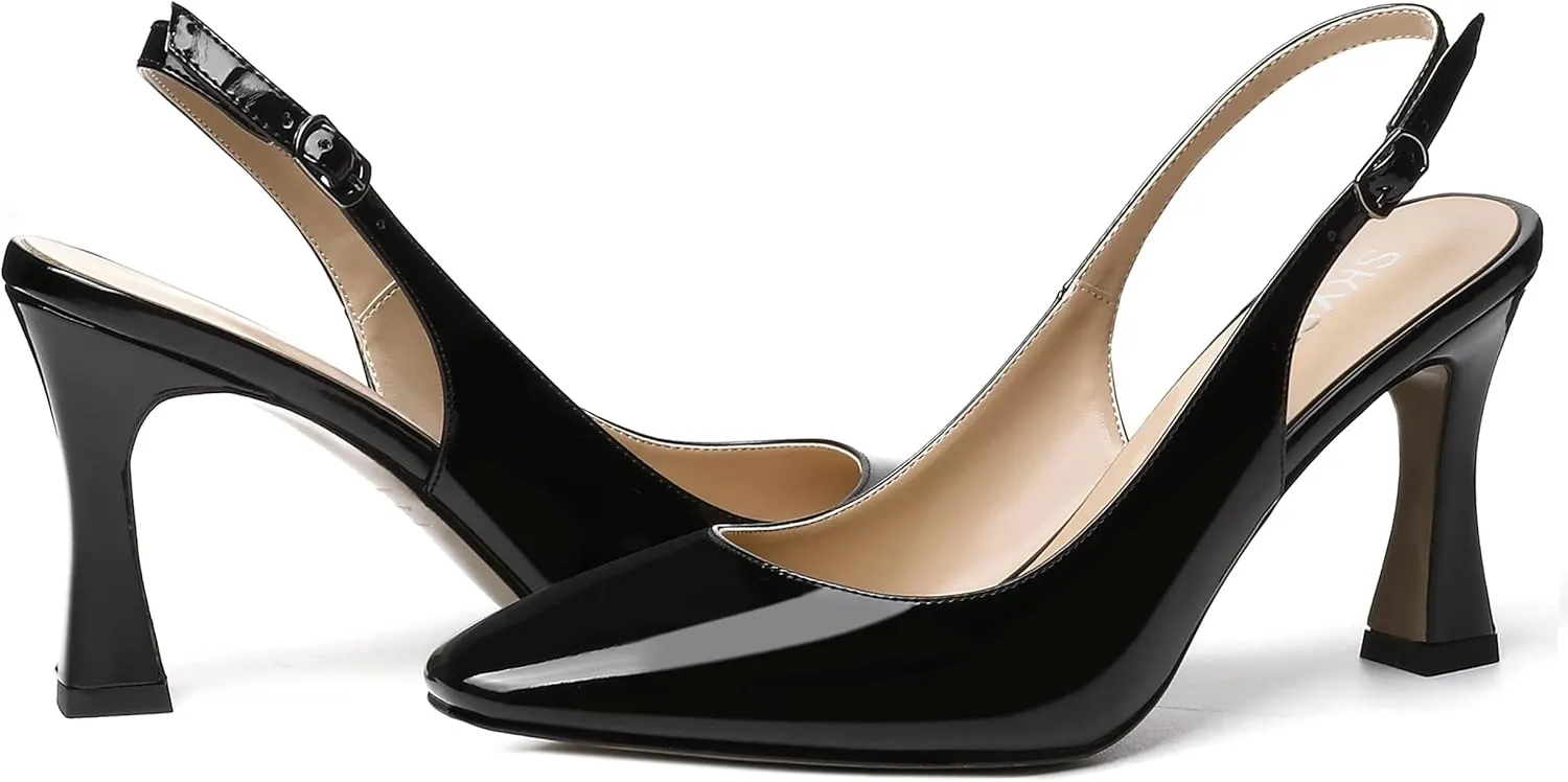 SKYSTERRY Women's Slingback Square Toe Patent Casual Dating Slip On Spool High Heel Pumps Shoes 3.3 Inch