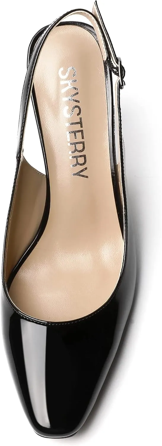 SKYSTERRY Women's Slingback Square Toe Patent Casual Dating Slip On Spool High Heel Pumps Shoes 3.3 Inch