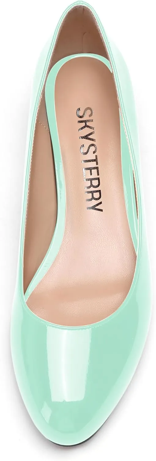 SKYSTERRY Womens Wedding Slip On Dress Round Toe Patent Spool High Heel Pumps Shoes 3.3 Inch