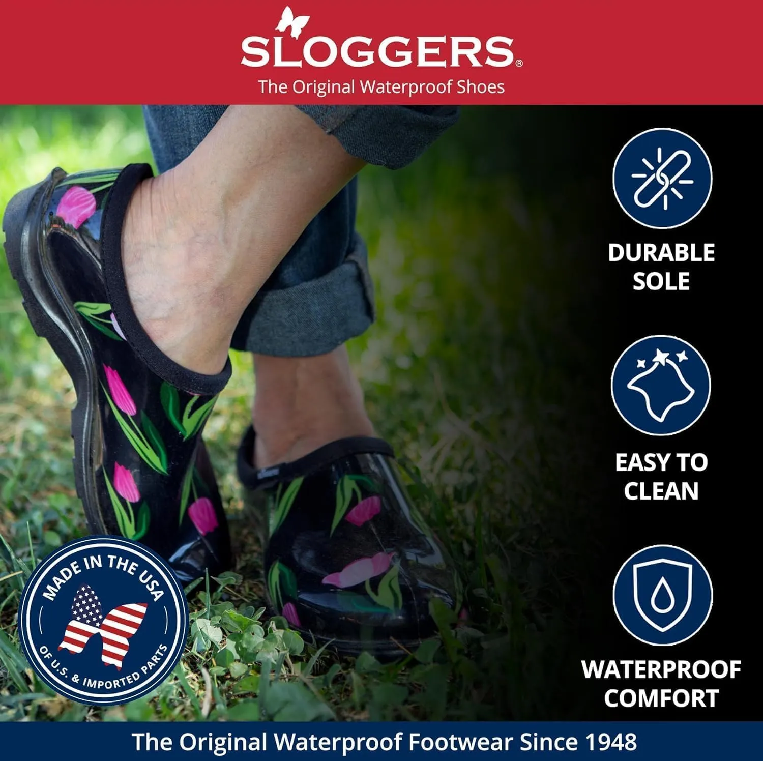 Sloggers Original Waterproof Rain and Garden Shoe for Women– Outdoor Slip-On Garden Clog - Made in The USA with Premium Comfort Insole and Arch Support - Meadow Print Black, Size 10