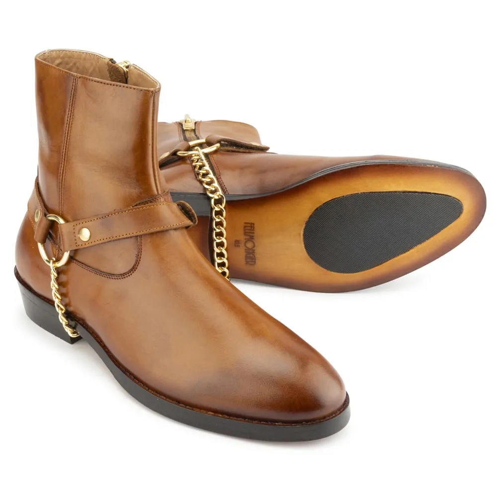 Tan Round Toe Harness Boots with Zip