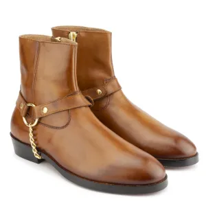 Tan Round Toe Harness Boots with Zip