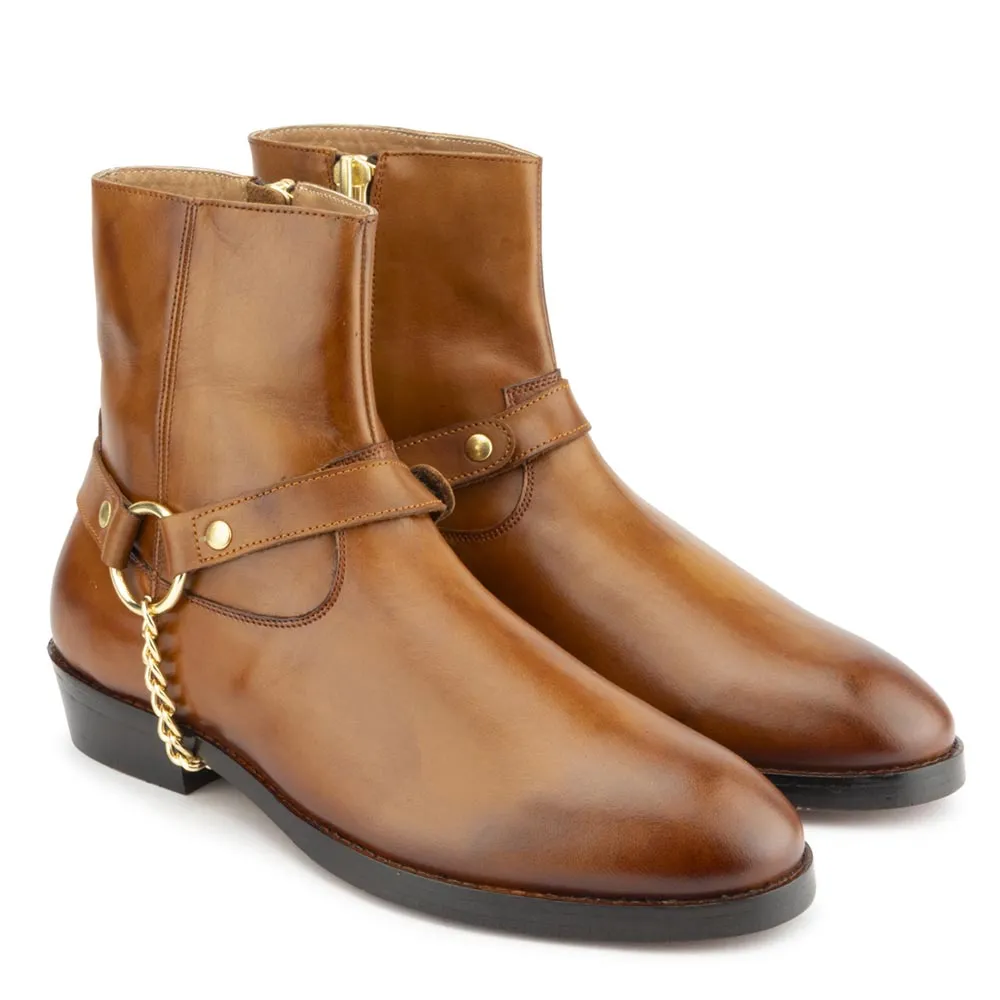 Tan Round Toe Harness Boots with Zip