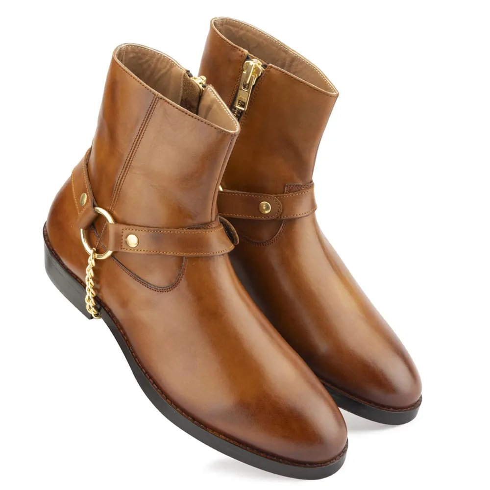 Tan Round Toe Harness Boots with Zip