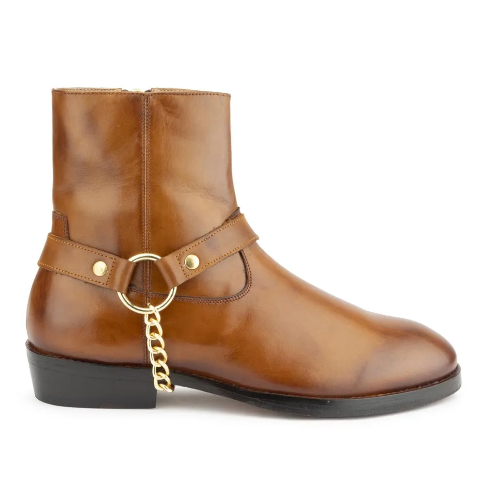 Tan Round Toe Harness Boots with Zip
