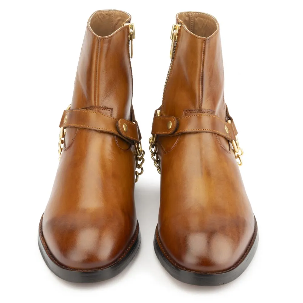 Tan Round Toe Harness Boots with Zip