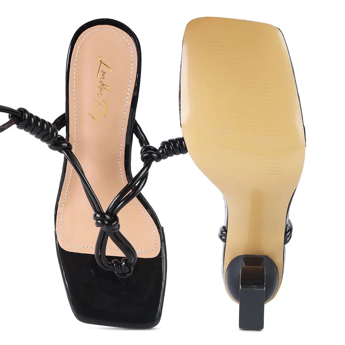 Thong Lace Up Heel Sandal in Black