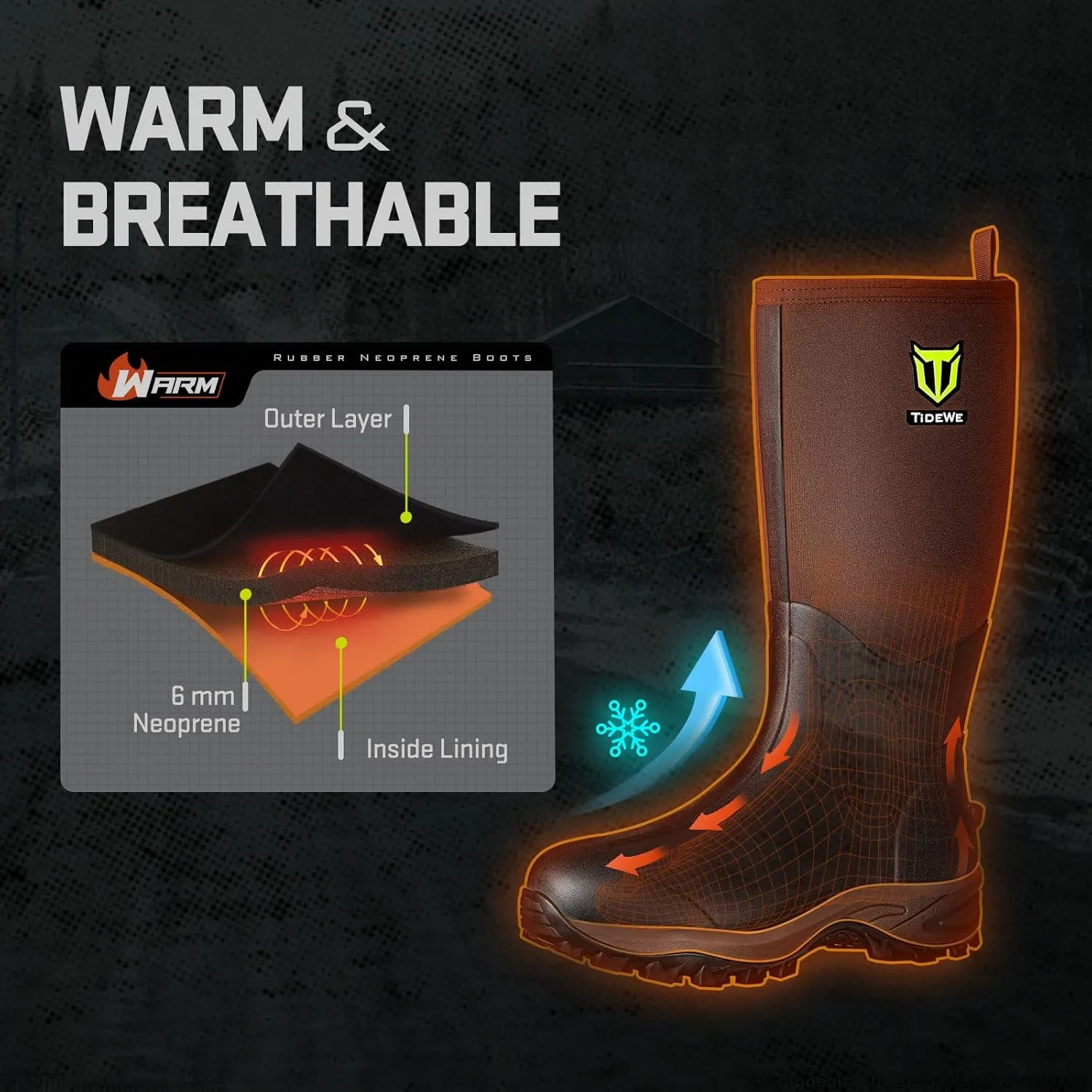 TIDEWE Rubber Neoprene Boots Men And Women, Waterproof Sturdy 6mm Neoprene Boot, Rain Boot Hunting Boot Arctic Outdoor Boot（Black, Brown & Next Camo G2）