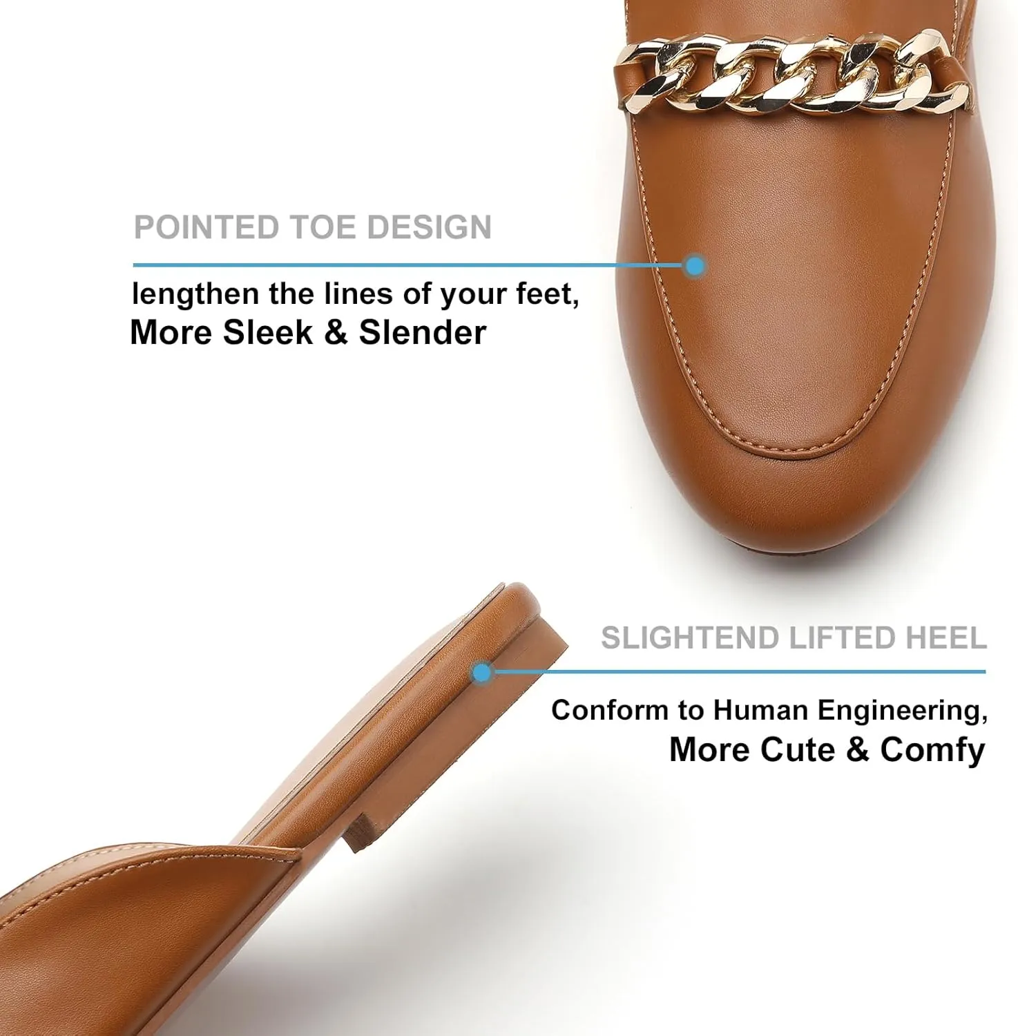Tilocow Metal Chain Decor Flat Mules for Women Closed Round Toe Slip on Loafers Slides Backless Mules Flats