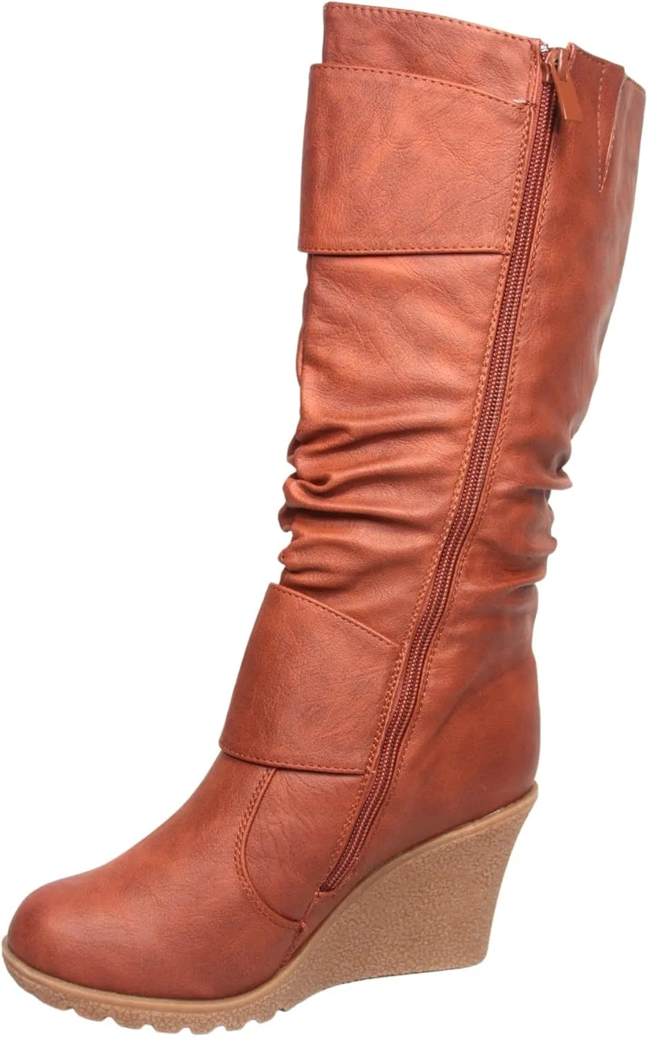 TOP Moda Pure-65 Women's Fashion Round Toe Slouch Buckle Wedge Mid Calf Boot Shoes