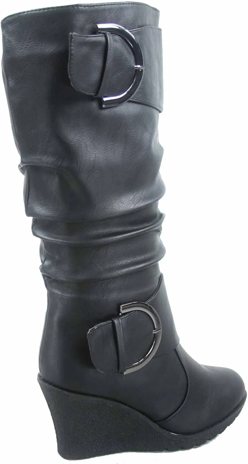 TOP Moda Pure-65 Women's Fashion Round Toe Slouch Buckle Wedge Mid Calf Boot Shoes