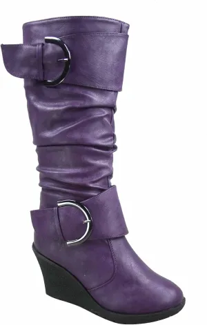 TOP Moda Pure-65 Women's Fashion Round Toe Slouch Buckle Wedge Mid Calf Boot Shoes