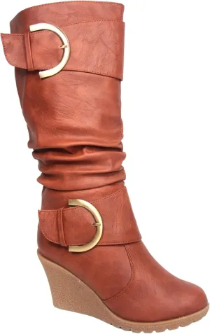 TOP Moda Pure-65 Women's Fashion Round Toe Slouch Buckle Wedge Mid Calf Boot Shoes