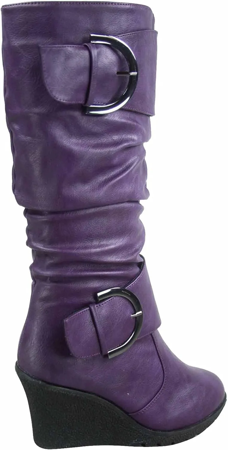TOP Moda Pure-65 Women's Fashion Round Toe Slouch Buckle Wedge Mid Calf Boot Shoes
