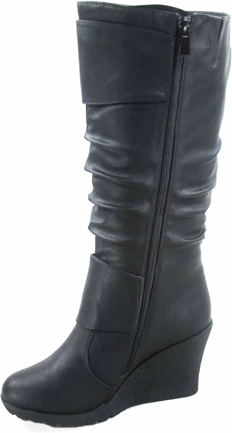 TOP Moda Pure-65 Women's Fashion Round Toe Slouch Buckle Wedge Mid Calf Boot Shoes