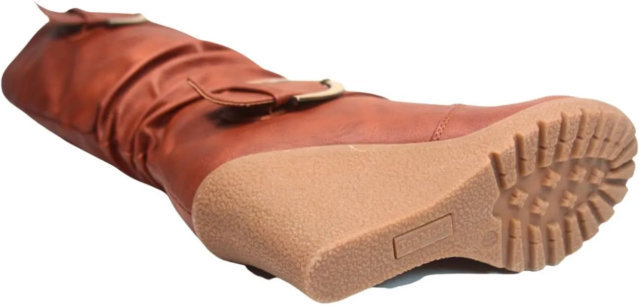 TOP Moda Pure-65 Women's Fashion Round Toe Slouch Buckle Wedge Mid Calf Boot Shoes