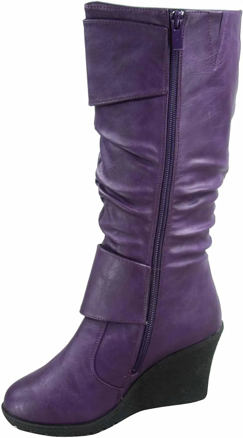 TOP Moda Pure-65 Women's Fashion Round Toe Slouch Buckle Wedge Mid Calf Boot Shoes