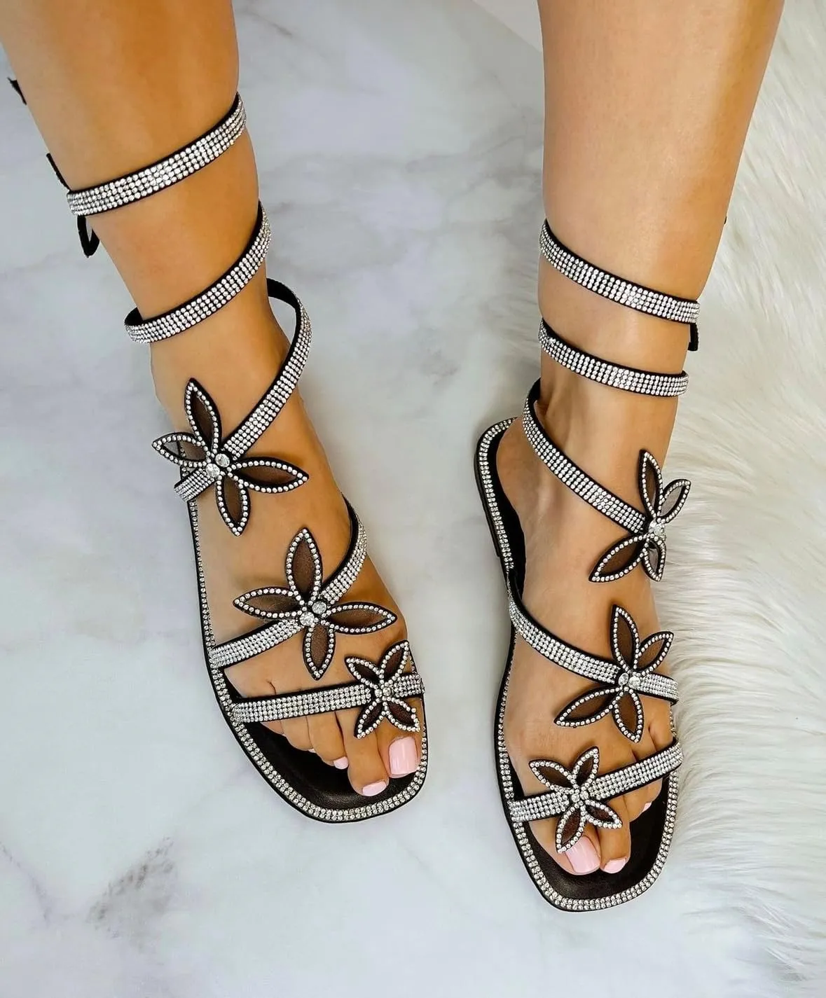TOP Moda Women Butterfly Rhinestone Wrap-around Flat Sandals