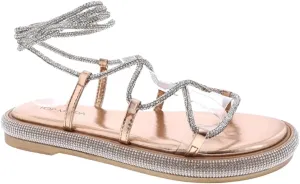 TOP Moda Womens Rhinestone Flat Sandals Lace up Ankle Wrap Slide Sandals