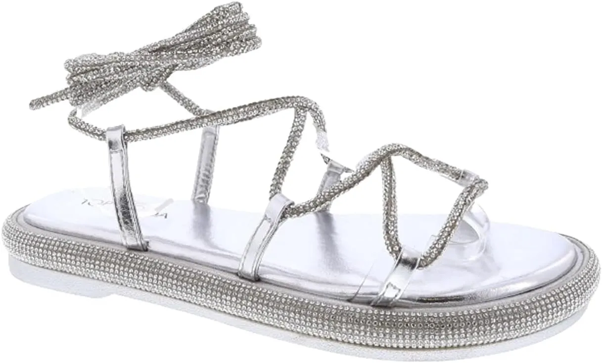 TOP Moda Womens Rhinestone Flat Sandals Lace up Ankle Wrap Slide Sandals