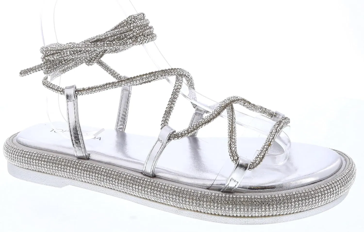 TOP Moda Womens Rhinestone Flat Sandals Lace up Ankle Wrap Slide Sandals