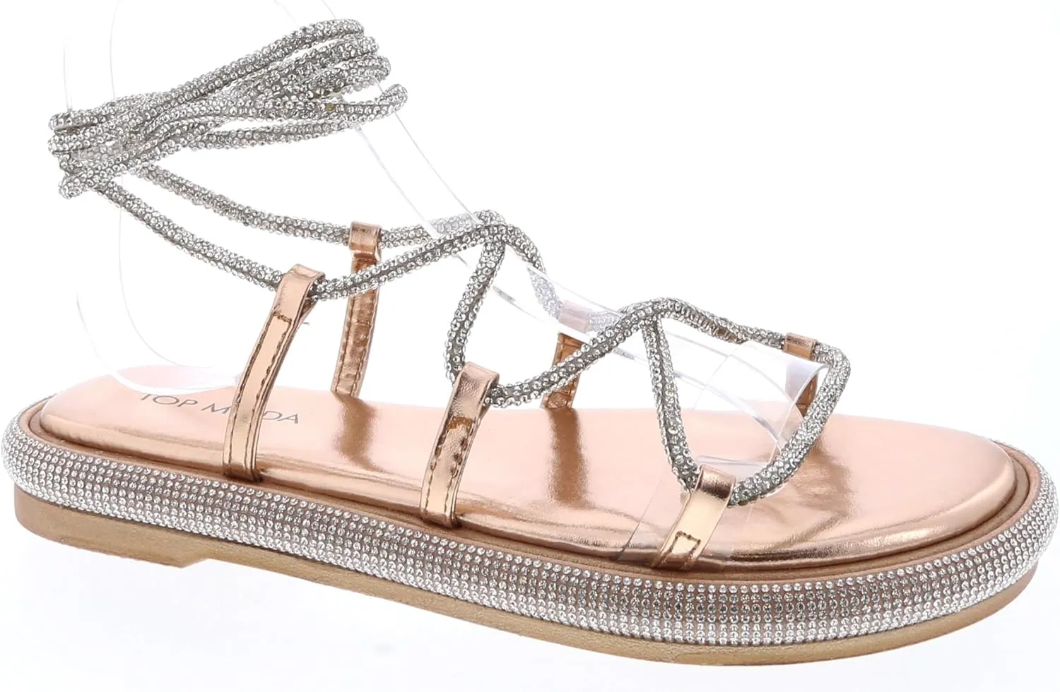 TOP Moda Womens Rhinestone Flat Sandals Lace up Ankle Wrap Slide Sandals