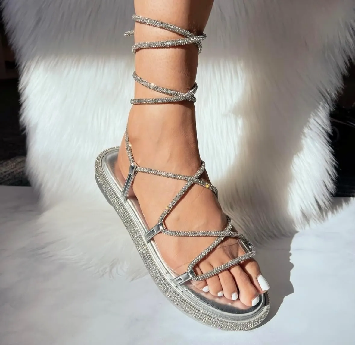 TOP Moda Womens Rhinestone Flat Sandals Lace up Ankle Wrap Slide Sandals