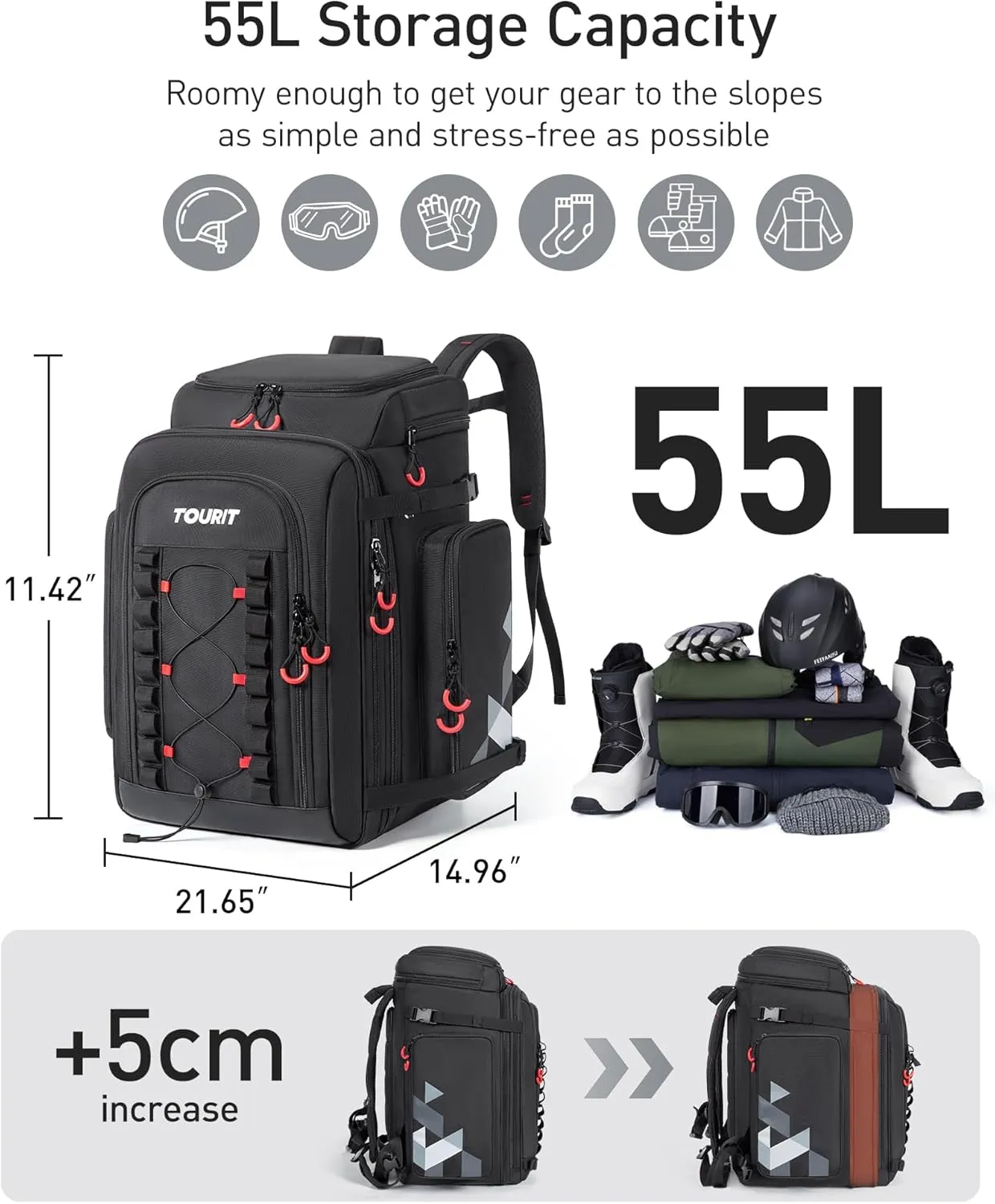 TOURIT Expandable Ski Boot Bag for Men Women, 60L Ski Boot Backpack for Ski Helmet, Snowboard Backpack for Skiing accessories