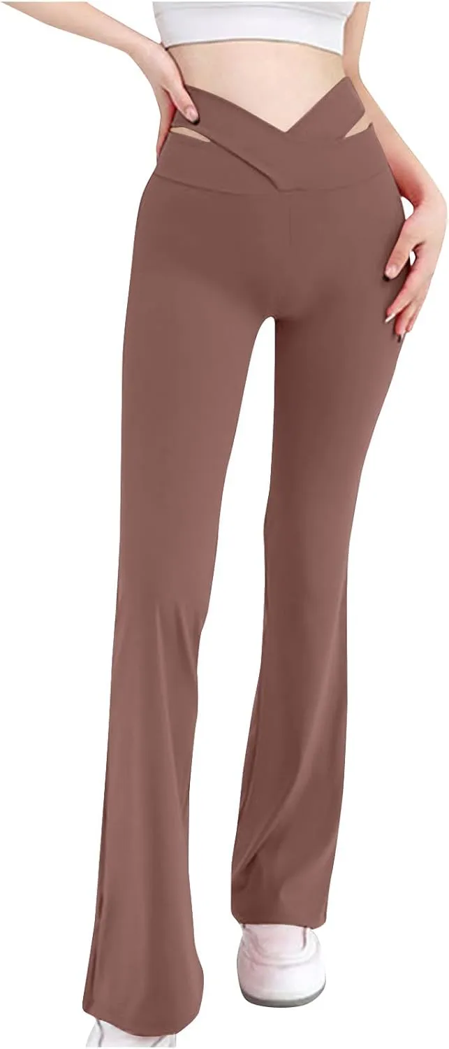 Trendy Pants for Women 2024 High Waisted Flare Pants Cut Out Bootcut Wide Leg Yoga Pant Running Jogger Hiking Trouser