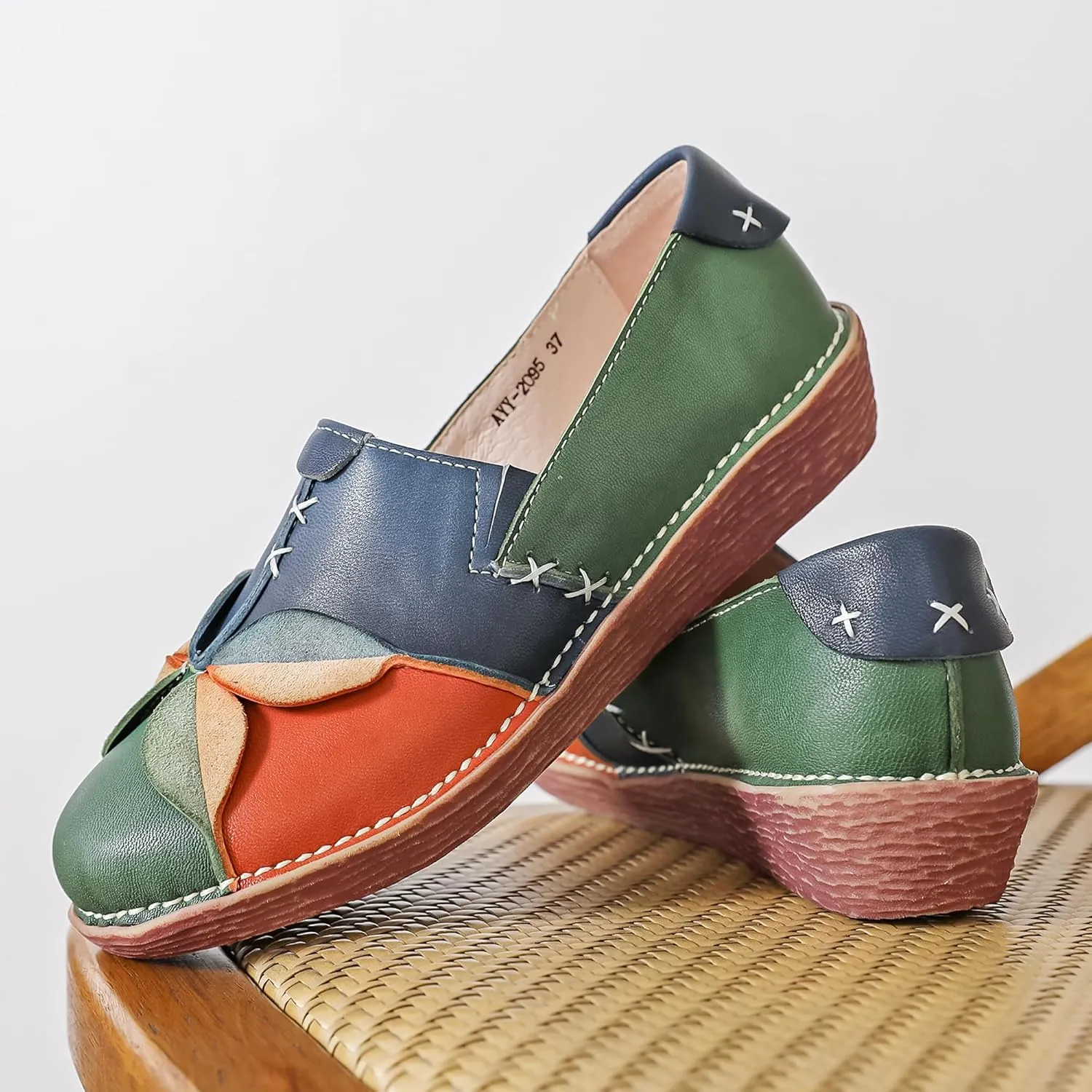 Trsorini Women's Casual Loafers Slip on Multi Color Stitching Leather Shoes Daily Walking