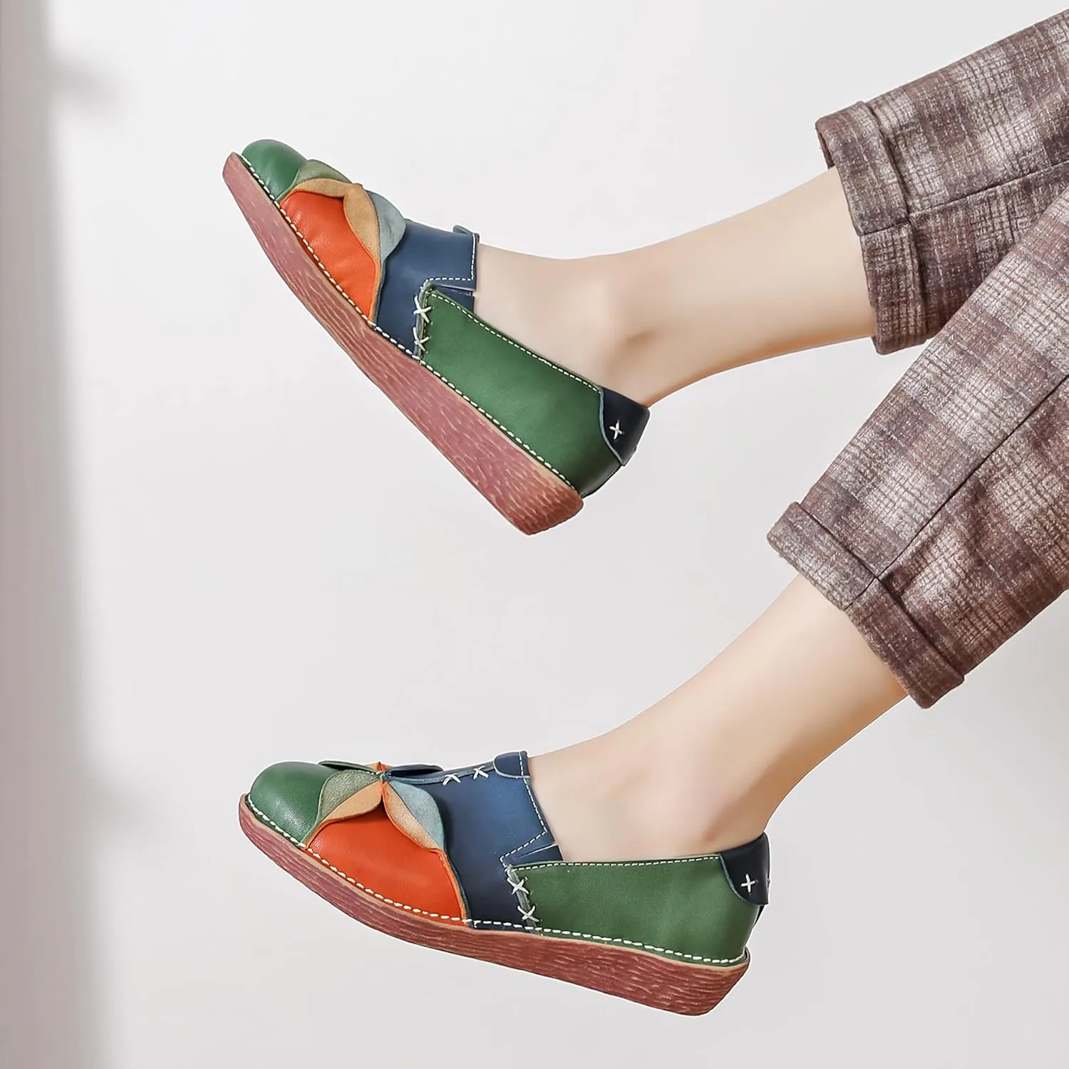 Trsorini Women's Casual Loafers Slip on Multi Color Stitching Leather Shoes Daily Walking