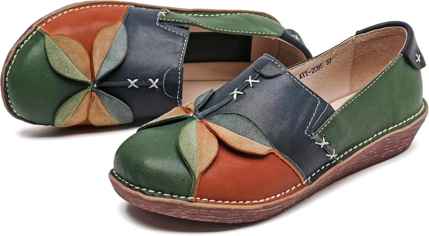 Trsorini Women's Casual Loafers Slip on Multi Color Stitching Leather Shoes Daily Walking