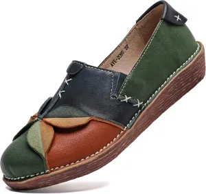 Trsorini Women's Casual Loafers Slip on Multi Color Stitching Leather Shoes Daily Walking