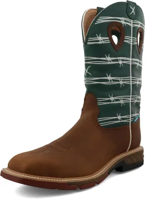 Twisted X Men's 12" Western Work Boot, Square Toe Alloy Toe with CellStretch, Oiled Buffalo & Green-Blue Slate, 8 D