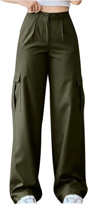 Uillui Bootcut Cargo Pants for Women High Waisted Wide Leg Pants Multi-Pocket Hiking Trousers Y2K Teen Girls Cute Streetwear