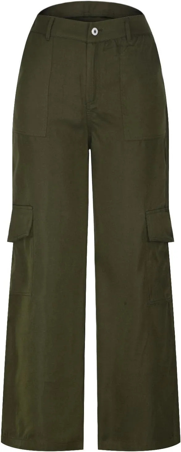 Uillui Bootcut Cargo Pants for Women High Waisted Wide Leg Pants Multi-Pocket Hiking Trousers Y2K Teen Girls Cute Streetwear