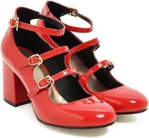 URLECHS Women's Patent Leather Chunky Heel Pumps Closed Round Toe High Heel Mary Jane Shoes Comfortable Ankle Strap Fashion Dress Shoes Office Work Party Wedding