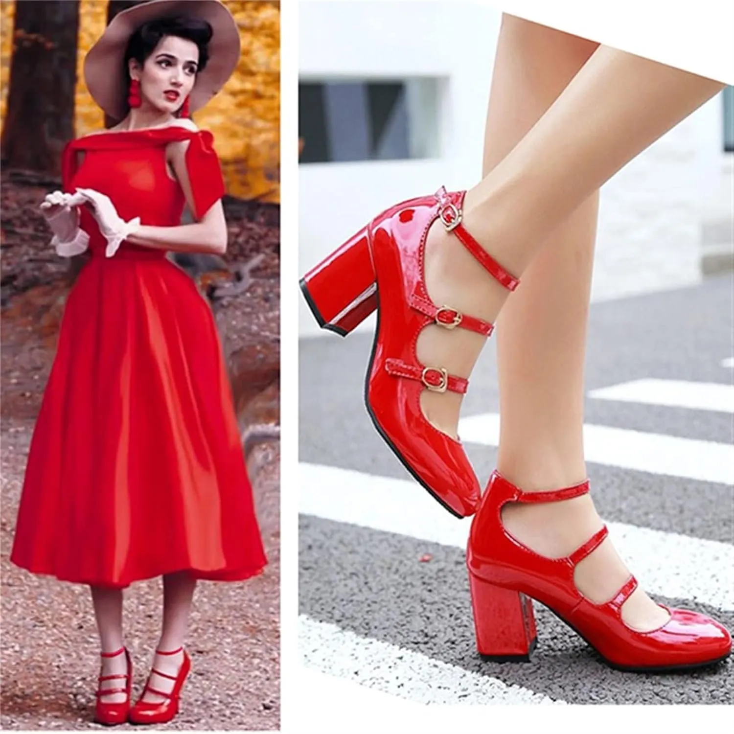 URLECHS Women's Patent Leather Chunky Heel Pumps Closed Round Toe High Heel Mary Jane Shoes Comfortable Ankle Strap Fashion Dress Shoes Office Work Party Wedding