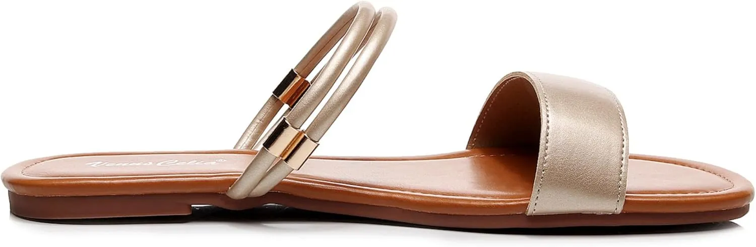 VenusCelia Women's Double Straps Wide Flat Sandal
